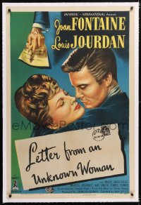 6s218 LETTER FROM AN UNKNOWN WOMAN linen 1sh 1948 romantic close up art of Joan Fontaine & Louis Jourdan!