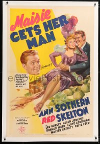 6s230 MAISIE GETS HER MAN linen 1sh 1942 artwork of sexy Ann Sothern & Red Skelton on pile of money!