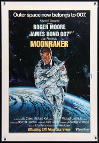 6s245 MOONRAKER linen advance 1sh 1979 art of Roger Moore as Bond blasting off in space by Goozee!