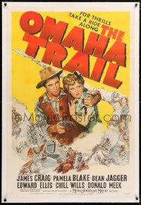6s263 OMAHA TRAIL linen 1sh 1942 artwork of cowboy James Craig & Pamela Blake, wagon train attack!