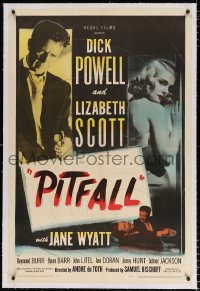 6s277 PITFALL linen 1sh 1948 Dick Powell is as strong as steel but Lizabeth Scott will break him!