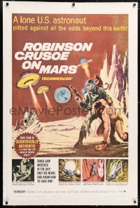 6s302 ROBINSON CRUSOE ON MARS linen 1sh 1964 cool sci-fi art of Paul Mantee & his man Friday!
