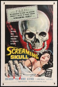 6s308 SCREAMING SKULL linen 1sh 1958 great horror art of huge skull & sexy girl grabbed by skeleton hand!