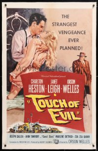 6s363 TOUCH OF EVIL linen 1sh 1958 Bob Tollen art of Orson Welles, Charlton Heston & Janet Leigh!