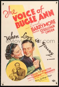6s371 VOICE OF BUGLE ANN linen 1sh 1936 Lionel Barrymore, Maureen O'Sullivan, Linden & hunting dog!