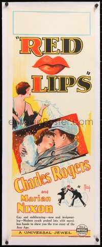 6t286 RED LIPS linen long Aust daybill 1928 Brodrick art of track star Buddy Rogers & Marian Nixon!