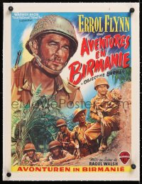 6t314 OBJECTIVE BURMA linen Belgian R1950s different art of Errol Flynn as World War II soldier!
