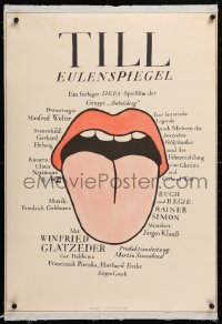 6t227 TILL EULENSPIEGEL linen East German 23x33 1970s Gruttner art of mouth sticking out tongue!