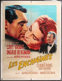 6t335 NOTORIOUS linen French 1p R1963 Soubie art of Cary Grant & Ingrid Bergman, Hitchcock classic!