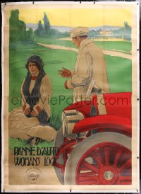 6t264 WOMAN'S LOGIC linen Italian 2p 1912 art of woman who'll marry man who gives fastest car ride!