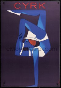 6t292 CYRK linen Polish 27x39 1971 wonderful art of blue circus contortionist by Wiktor Gorka!