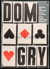 6t293 HOUSE OF GAMES linen Polish 26x37 1988 David Mamet, cool different playing card art by Erol!