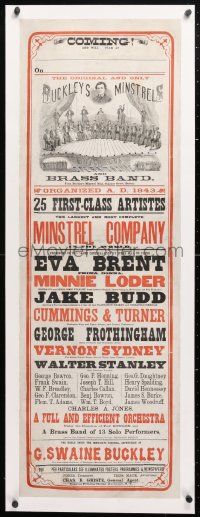 6t073 BUCKLEY'S MINSTRELS linen 14x42 stage poster 1860s burlesque opera & band, 1st class artistes!