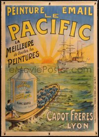 6t188 LE PACIFIC linen 39x55 French advertising poster 1890s art of rowboat transporting paint!