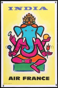 6t105 AIR FRANCE INDIA linen 25x39 French travel poster 1959 colorful Jean Carlu art of Ganesha!