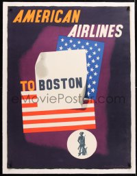 6t120 AMERICAN AIRLINES BOSTON linen 31x40 travel poster 1953 flag art by Edward McKnight Kauffer!