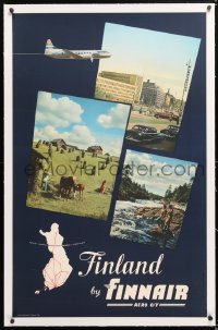 6t104 FINNAIR FINLAND linen 25x39 Finnish travel poster 1950s cool images of sites & attractions!