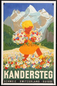 6t116 KANDERSTEG linen 30x40 Swiss travel poster 1932 Carl Franz Moos art of girl gathering flowers!