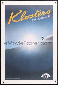 6t117 KLOSTERS linen 26x40 Swiss travel poster 1970s Hans Rausser art of man skiing in the Alps!