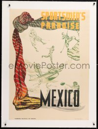 6t114 MEXICO SPORTSMEN'S PARADISE linen 27x37 Mexican travel poster 1950s golfing, baseball & more!