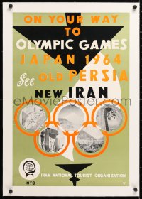 6t111 ON YOUR WAY TO OLYMPIC GAMES linen 17x26 Iranian travel poster 1964 Japan, Old Persia, New Iran