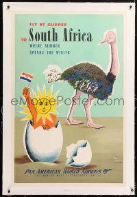6t125 PAN AMERICAN WORLD AIRWAYS SOUTH AFRICA linen 28x42 travel poster 1952 art of ostrich & egg!