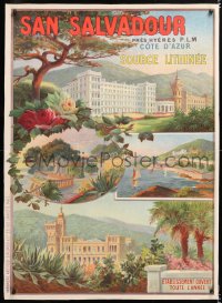 6t110 SAN SALVADOUR linen 30x41 French travel poster 1902 Villeneuve art of French Riviera resort!