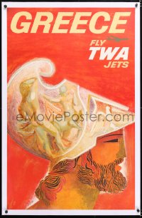 6t126 TWA GREECE linen 25x40 travel poster 1960s cool art of ancient Greek soldier by David Klein!
