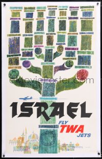 6t128 TWA ISRAEL linen 25x41 travel poster 1960s art of Menorah & Jerusalem by David Klein!