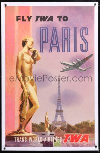 6t129 TWA PARIS linen 25x40 travel poster 1950s David Klein art of golden statues & Eiffel Tower!