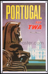 6t132 TWA PORTUGAL linen 25x40 travel poster 1950s cool artwork of national landmarks!