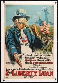 6t093 2ND LIBERTY LOAN linen 20x30 WWI war poster 1917 wonderful art of Uncle Sam by Groesbeck!