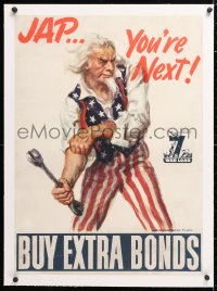 6t081 BUY EXTRA BONDS linen 20x28 WWII war poster 1945 great Flagg angry Uncle Sam art, ultra rare!