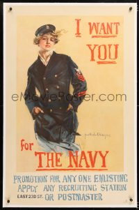 6t098 I WANT YOU FOR THE NAVY linen 27x42 WWI war poster 1917 Howard Chandler Christy female art!