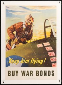 6t086 KEEP HIM FLYING linen 29x40 WWII war poster 1943 great art of U.S. pilot by Georges Schreiber
