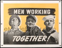 6t087 MEN WORKING TOGETHER linen 30x40 WWII war poster 1941 soldiers & factory workers do their part!