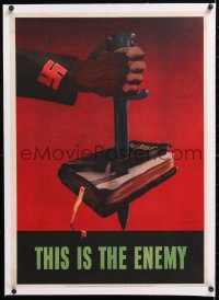 6t089 THIS IS THE ENEMY linen 20x28 WWII war poster 1943 classic swastika/bayonet/Bible art by Marks!