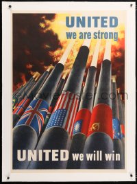 6t091 UNITED WE ARE STRONG linen 29x40 WWII war poster 1943 art of cannons & flags by Henry Koerner!