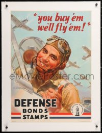 6t092 YOU BUY 'EM WE'LL FLY 'EM linen 20x28 WWII war poster 1942 Wilkinsons art of pilot & planes!