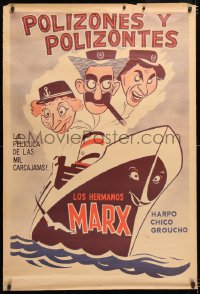 6w218 MONKEY BUSINESS Argentinean R1940s art of Marx Brothers Groucho, Chico & Harpo on cruise ship!