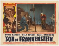 6w490 SON OF FRANKENSTEIN LC R1953 Basil Rathbone with gun shooting Bela Lugosi as Ygor!