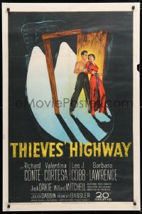 6w274 THIEVES' HIGHWAY 1sh 1949 art of trucker Richard Conte & Valentina Cortese, Jules Dassin