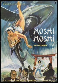 6y297 HELLO HELLO JAPAN German 1961 topless diver & shark art, Moshi-Moshi: Hallo Japan!