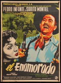 6y043 EL ENAMORADO Mexican poster 1952 Josep Renau art of laughing man with 2 guns & sexy girl!