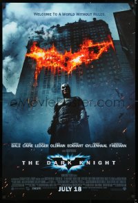 6z603 DARK KNIGHT int'l advance DS 1sh 2008 Christian Bale as Batman in front of burning bat symbol!