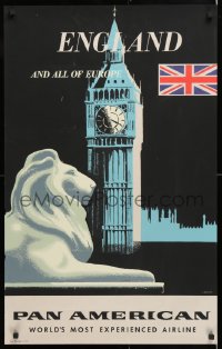 6z217 PAN AMERICAN ENGLAND 22x35 travel poster 1960s Amspoker art of lion and Big Ben, rare!