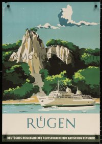 6z220 RUGEN 23x33 East German travel poster 1961 W. Parschau art of cruise ship and chalk cliff!