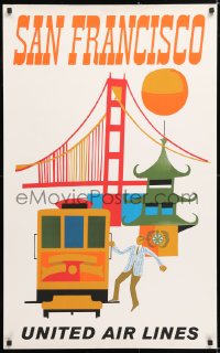 6z226 UNITED AIR LINES SAN FRANCISCO 25x40 travel poster 1960s cable car & Golden Gate Bridge!