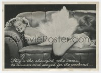7a097 PRINCE & THE SHOWGIRL herald 1957 c/u of sexy Marilyn Monroe on couch wearing feathers!