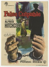 7a724 WRONG MAN Spanish herald 1959 Alfred Hitchcock, different Mac art of Henry Fonda & handcuffs!